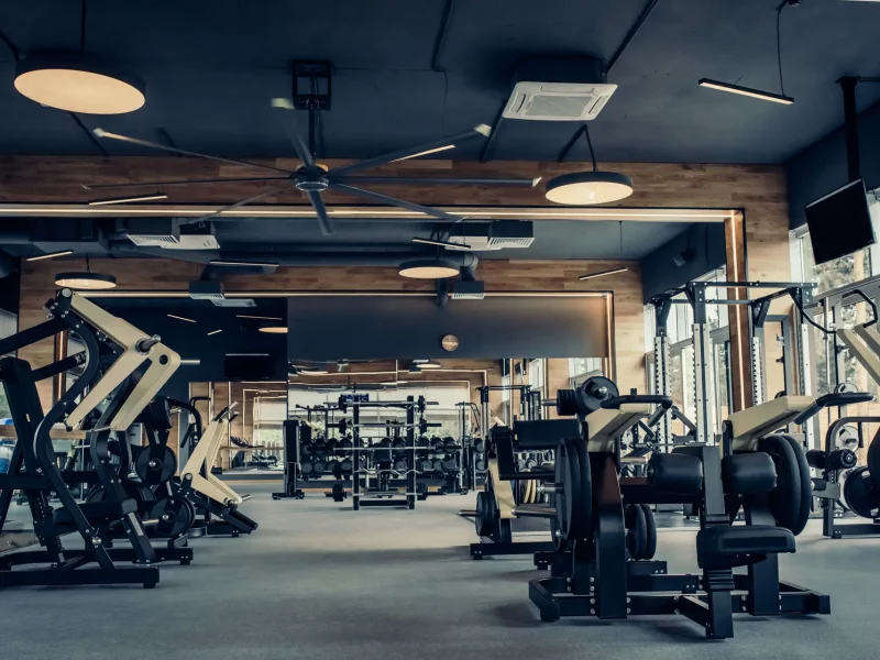 Modern light gym. Sports equipment in gym. Barbells of different weight on rack.